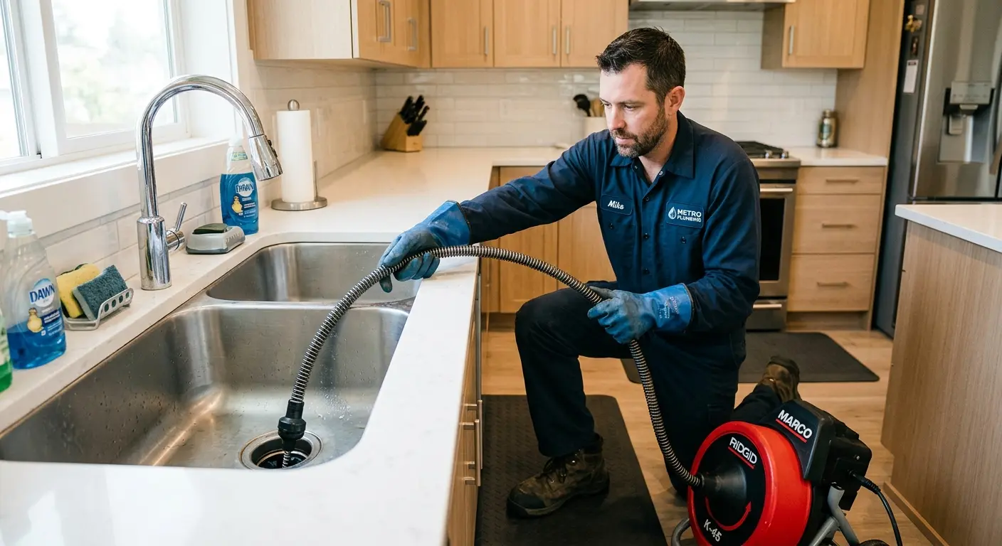 Drain cleaning technician using a motorized snake on a kitchen sink in Citrus Heights