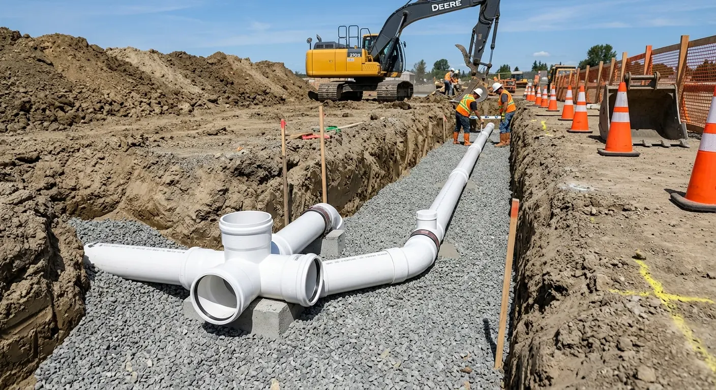 New PVC sewer pipe installation in open trench for Sewer Backup in Citrus Heights