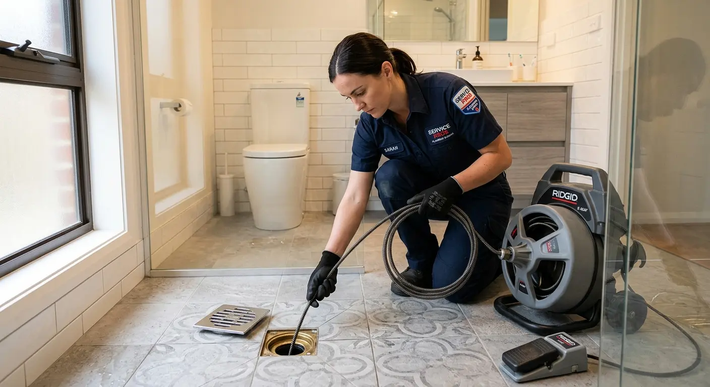 Technician clearing a bathroom floor drain for Drain Cleaning in Citrus Heights